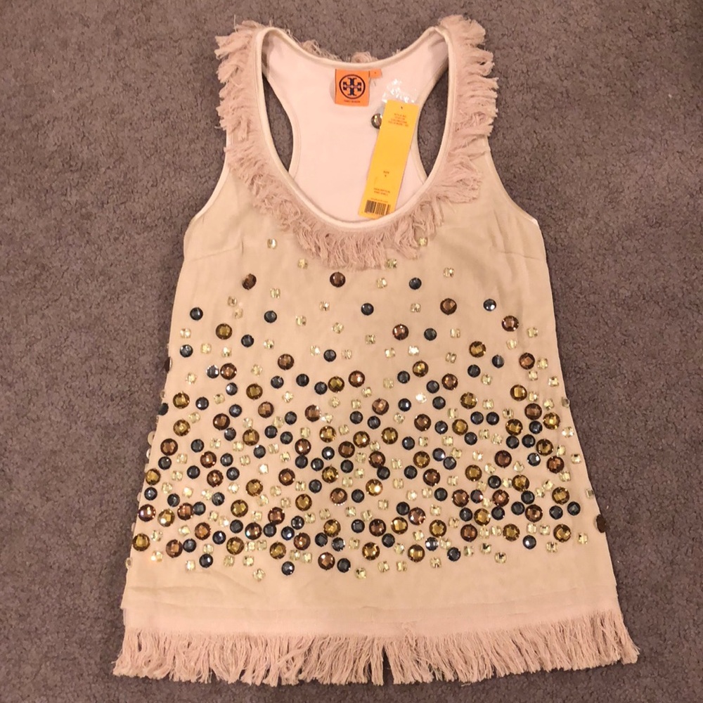 New Tory Burch Nude Top with Gems & Fringes